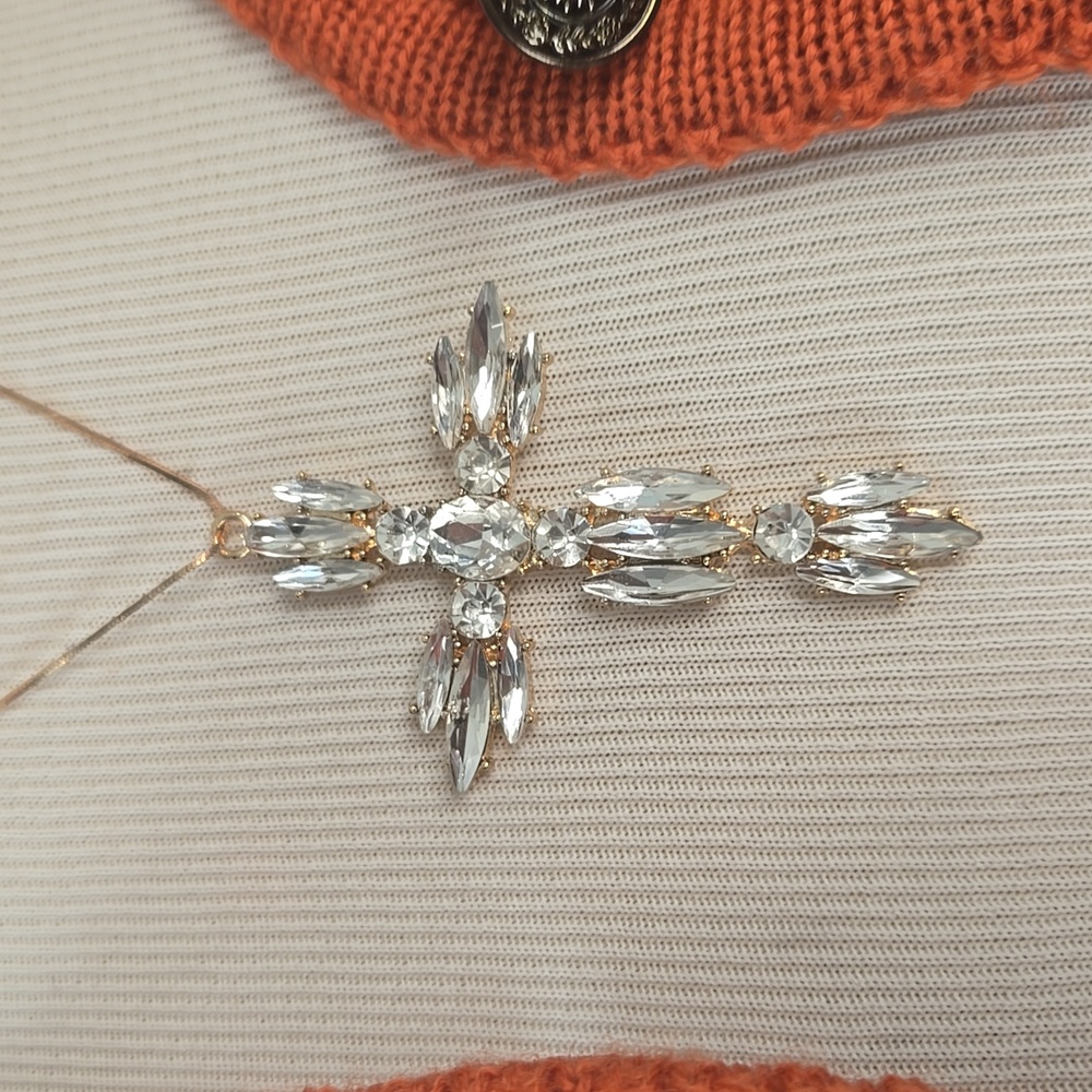 Crystal Cross Pendant Necklace – Gold Tone | Cubic Zirconia Statement Piece - Picture 3 of 8